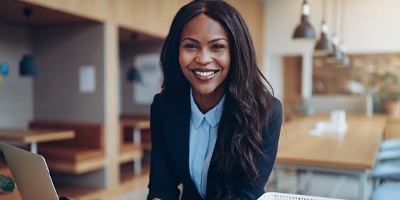 A young woman wearing a suit and sitting next to a laptop showing off her straighter, healthier smile thanks to Invisalign in Windermere