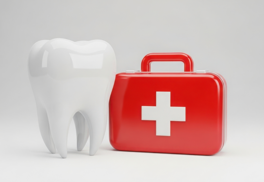 3D image of a tooth and a first aid kit